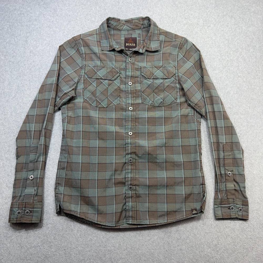 PrAna Terrain Shirt Mens Small Brown Plaid Roll Tab Sleeve Button Outdoor Hiking